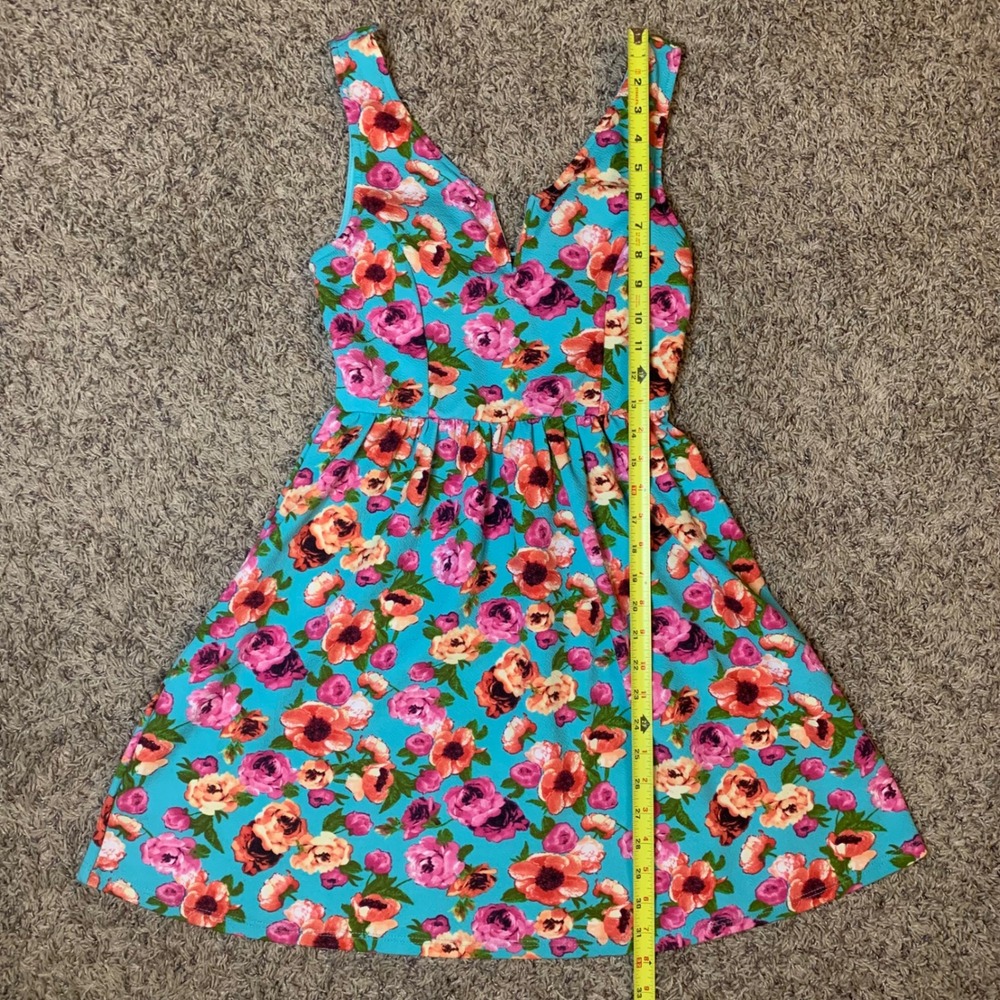 OBOE Women's Floral V Neck A Line Dress Medium Blue Pink Coral - Picture 6 of 8